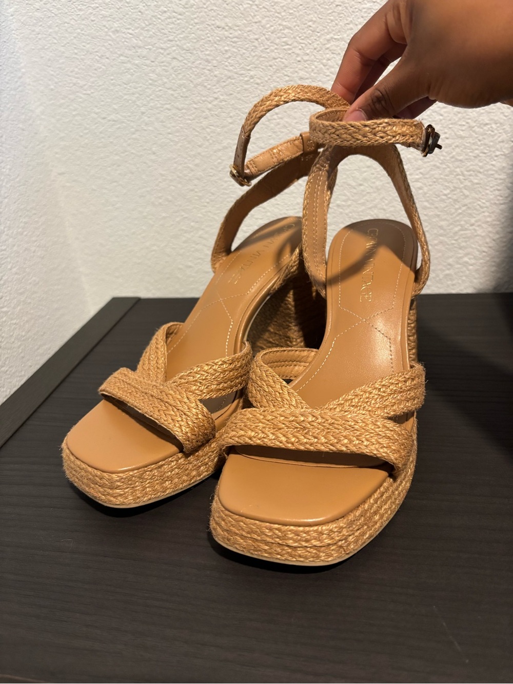 Braided Tan Platform Wedge Sandals with Ankle Strap